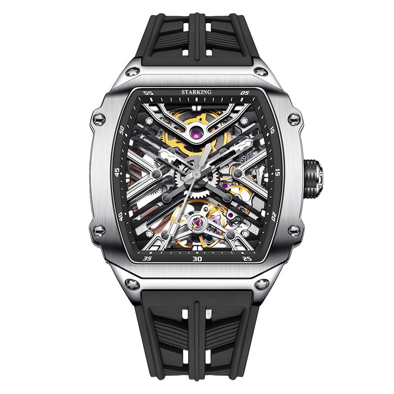 STARKING Men's Waterproof Sports Mechanical Watches Wear-resistant Silicone Strap Automatic Watch Luminous Tonneau Luxury Watch