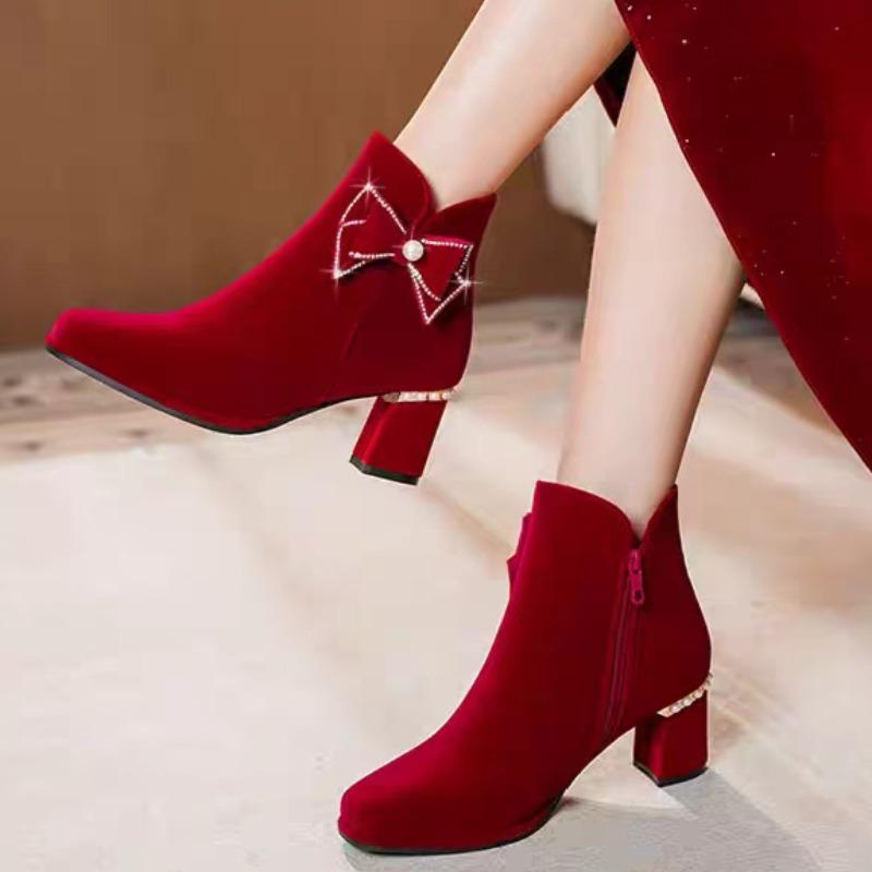 

Bow Booties Fashion Round Toe Suede Side Zipper Non-Slip Wear-Resistant Block Heel Shoes 40