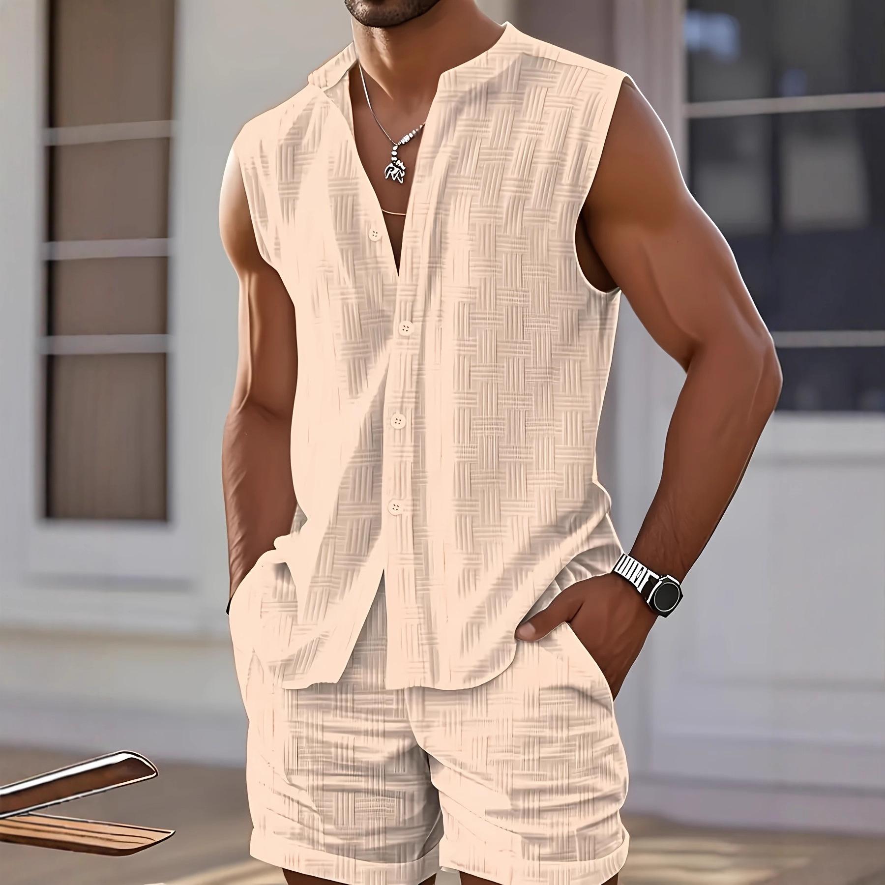 Herren Sommer Weste Hemd Lässig Locker Ärmellos Einfarbige Shorts Strand Anzug M khaki