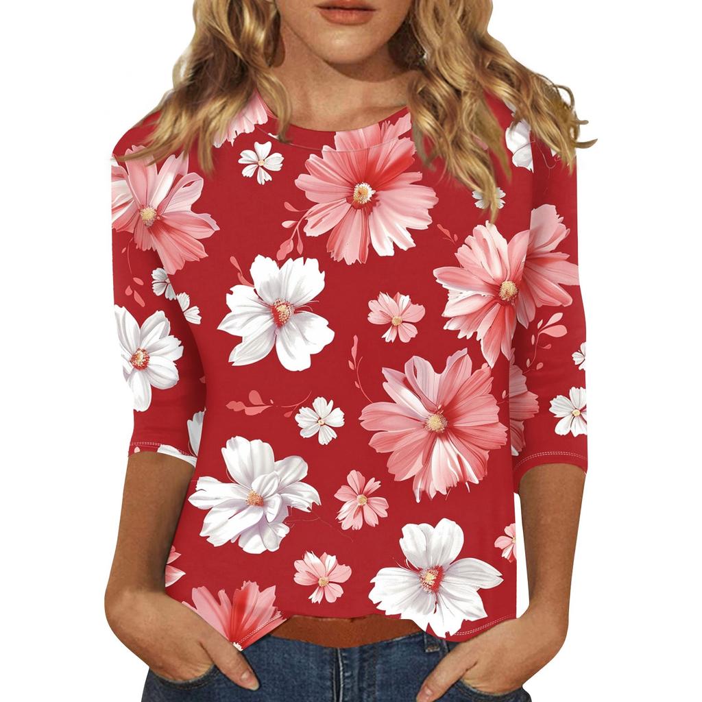Women's Floral Print Round Neck Top With Three Quarter Sleeves T-Shirt Three Quarter Sleeves T-Shirt