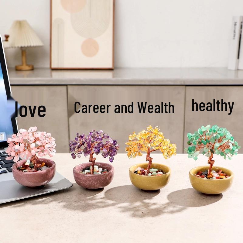 Yellow & Purple Crystal Gravel Fortune Tree Tabletop Ornament for Wealth and Home Decor