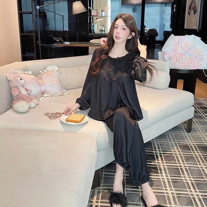 Elegant Lace Women s Pajama Set - French Retro Style for Spring/Autumn Extra Large чёрный