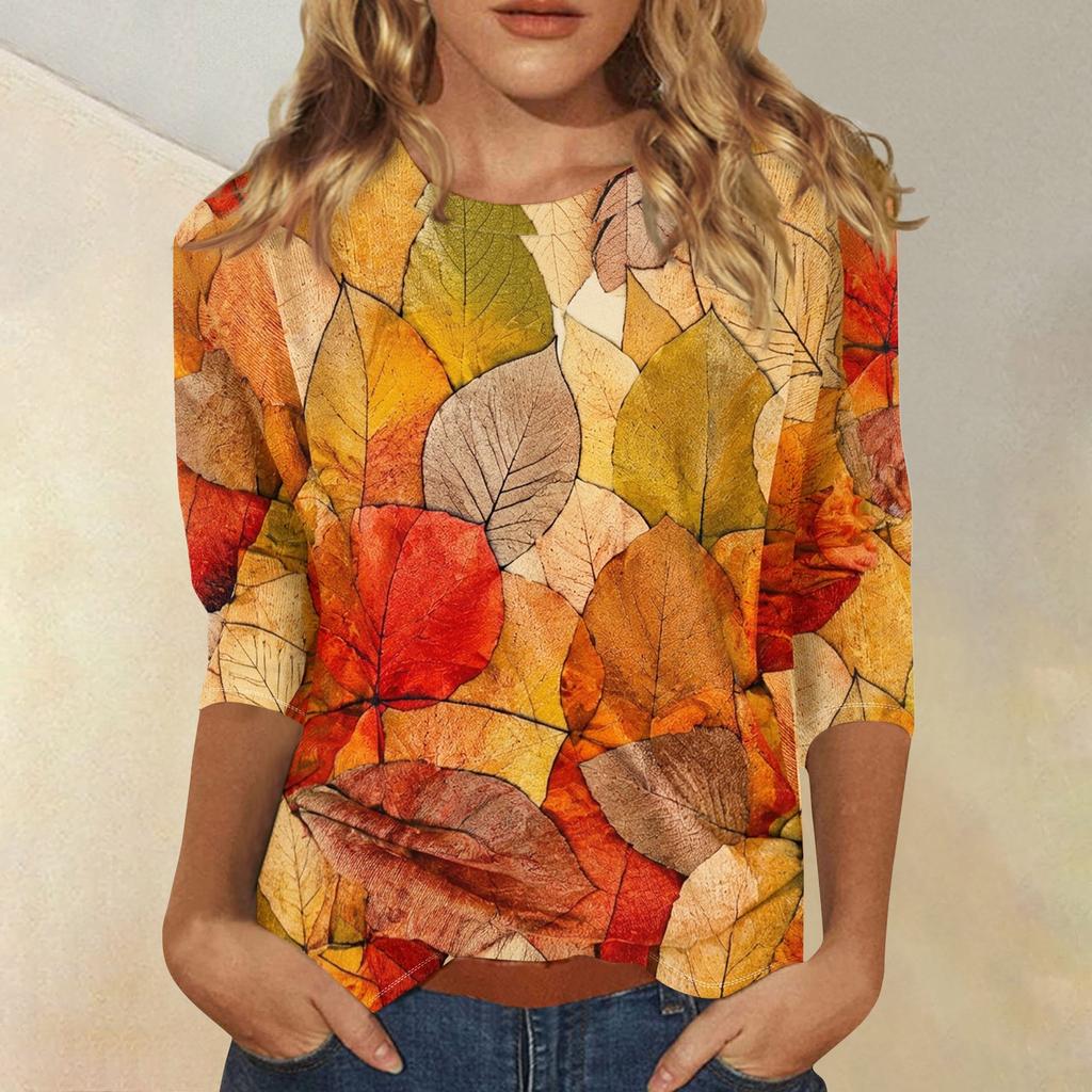 Women's Fashion 3/4 Sleeve Round Neck Top with Maple Leaf Print for Casual Wear