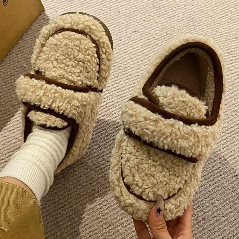 Cotton Slippers Women Heel Wrap Winter Outdoor Versatile Casual Thick Sole Sherpa Indoor Home Warm Shoes