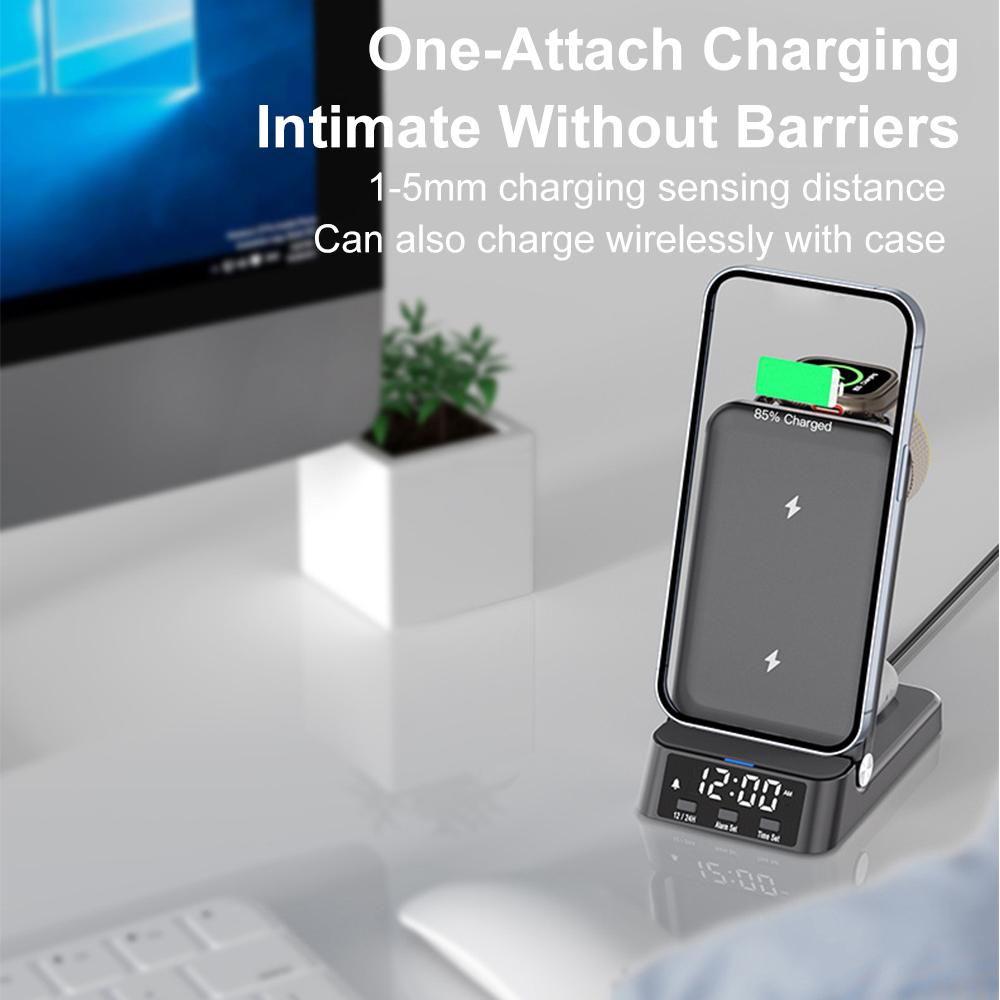 4-In-1 Charging Stand with Clock 15W Fast Magnetic Wireless Charging Station Compatible with Celsius Folding Phone Charging Holder