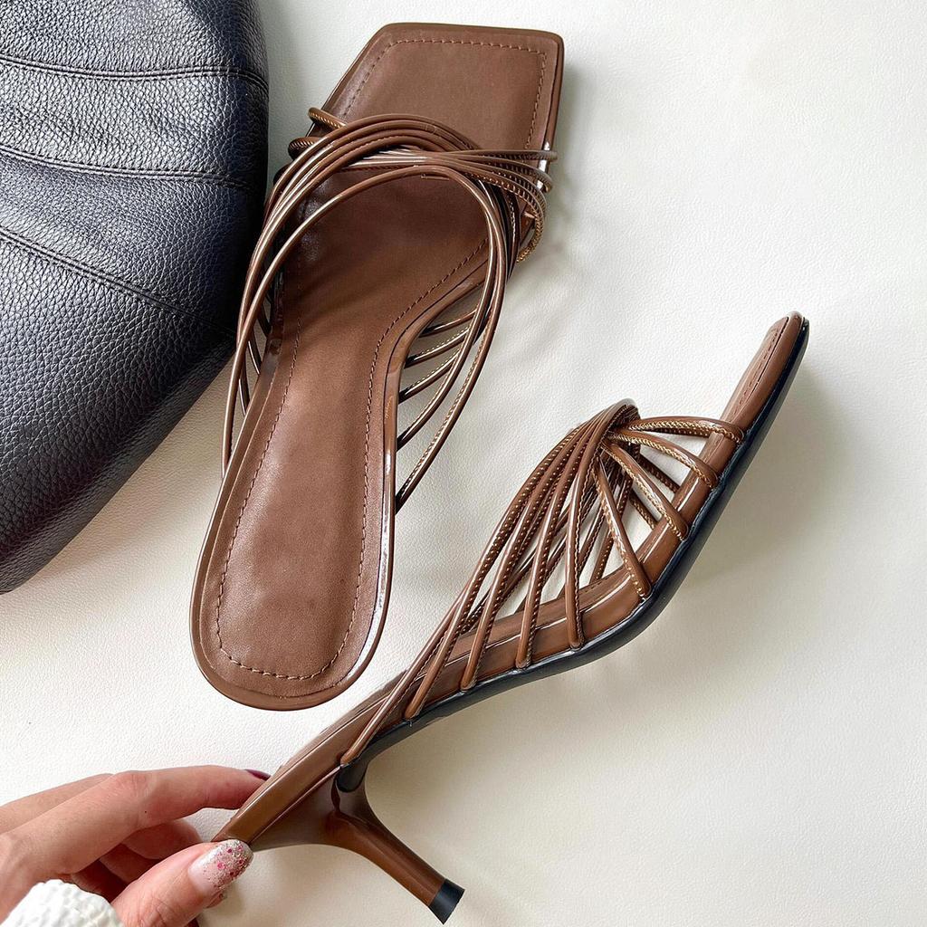 Hand-woven thin strap high-heeled cool slippers for women's summer outer wear temperament socialite thin heels are not tired