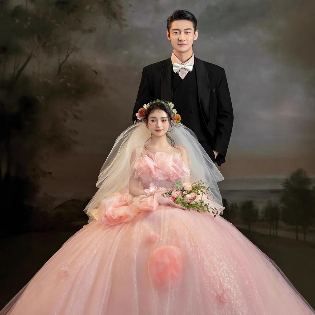 Nuevo vestido de novia de alta gama estilo pintura al óleo con flores, vestido color rosa Mori