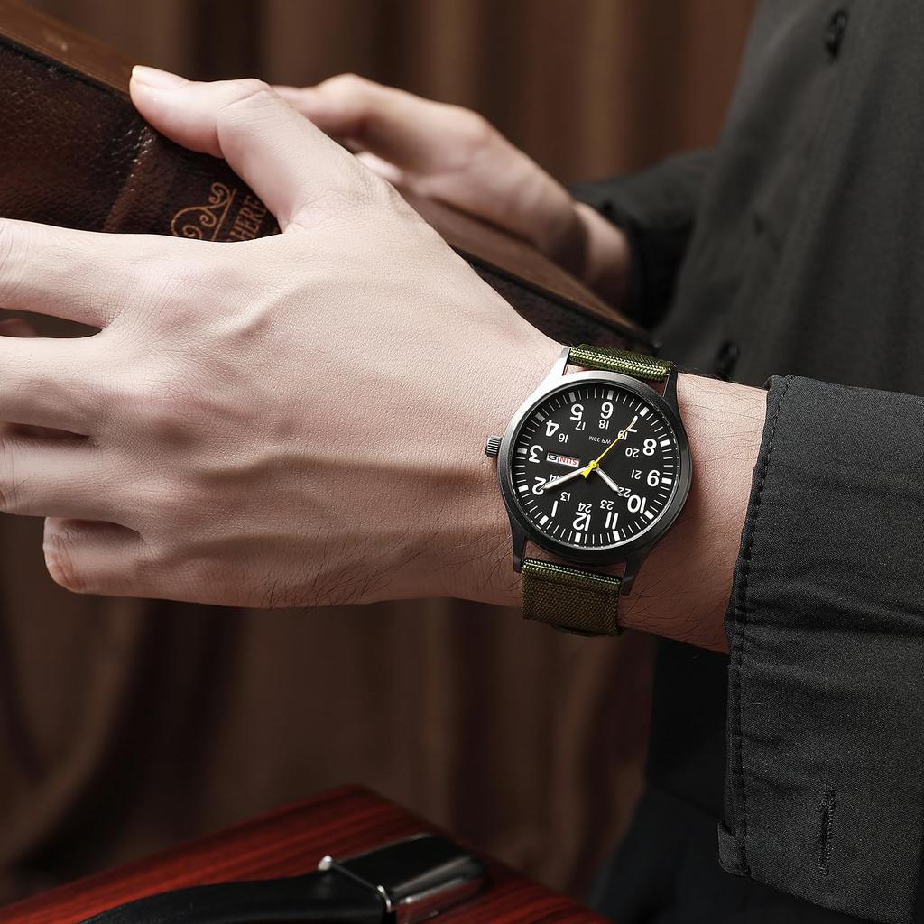 Men's Military Watch with Nylon Strap, Waterproof, Luminous Analog Display, Calendar, Upgraded Edition, Simple and Stylish Sports Watch, 1224 Quartz