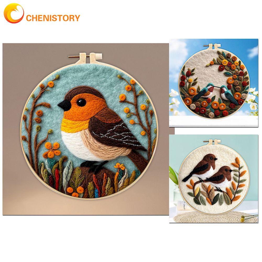 CHENISTORY Wool Felting Painting Needle Embroidery Kit Branch Bird Painting DIY Crafts Animals Handmade Home Decoration