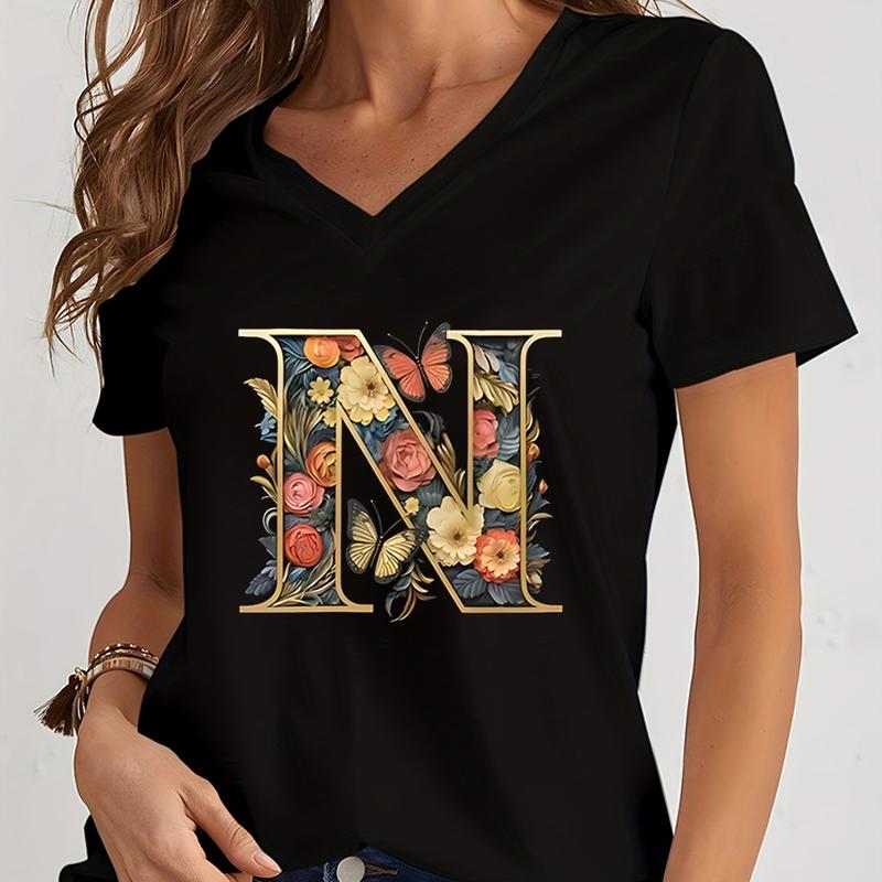 Women Tshirts AZ 26 Alphabet Flower Vintage Design Premium Tshirt Vintage Butterfly Flower 26 English Alphabet Summer Tshirt