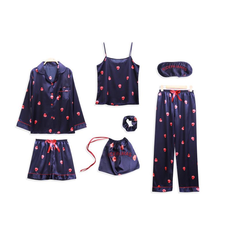 Sieben teiliges gestreiftes Pyjama-Set aus Kunstseide mit langärmeligem Cardigan und Camisole für Frühling und Herbst