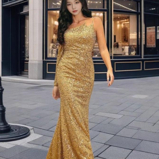 European and American New Fashion V-neck Hip-wrapped Sequins Mid-waist Off-the-shoulder Small Trailing Long Evening Dress Dress