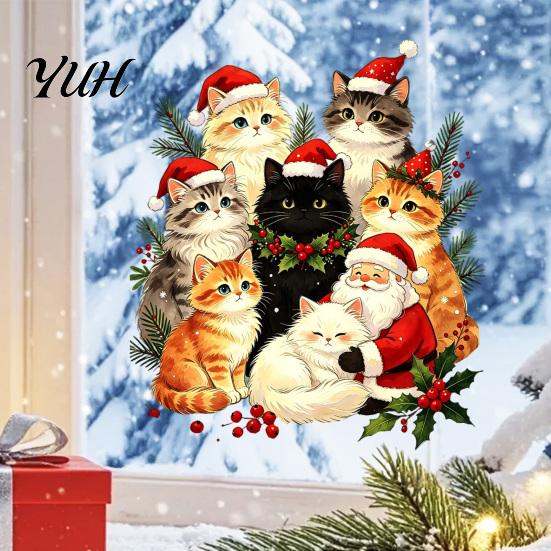 Reusable Glass Stickers Cat Christmas Static Cling Decal, Waterproof PVC Festive Window Sticker, Party Decorations Easy Apply Decorative for