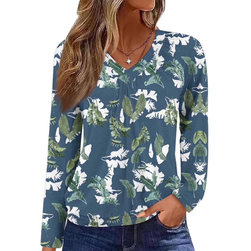 Women's Casual Fashion V-Neck Raglan Pleated Floral Print Long Sleeve Top