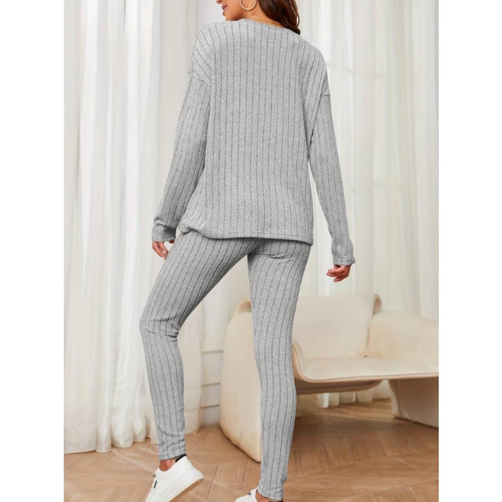 2 Piece Set Women Autumn New Fashion Casual Elegant Loose Crew Neck Ribbed Knit Outfit