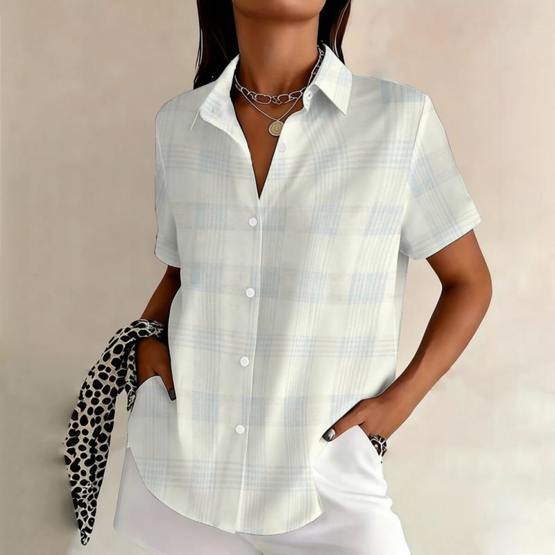 Gepersonaliseerde minimalistische geruite print zomer dames grote maten revers korte mouwen shirt modieus dagelijks veelzijdig topje