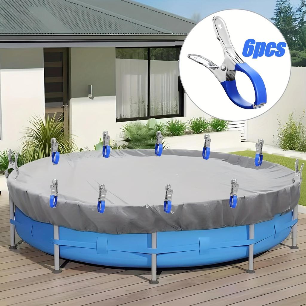 6pcs Durable Stainless Steel Pool Cover Clips with Blue Plastic Handles - Heavy-Duty, Windproof Spring Clips for Secure Ground Pool Covers