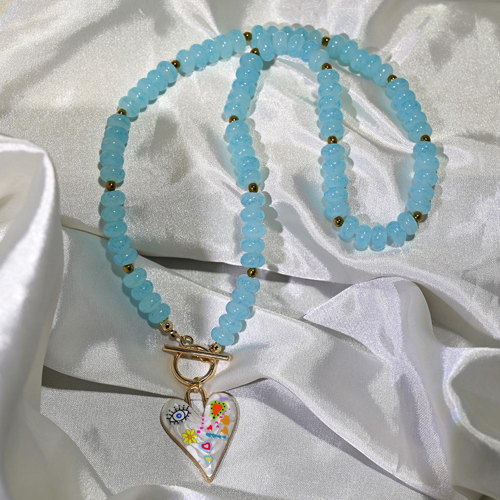 Handgjort Retro Majskol-Färgat Glas Hjärta Hängsmycke Halsband med Pärlband Choker för Kvinnor