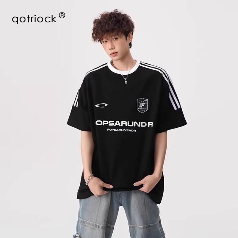 

QOTRIOCK American Striped Letter Print Short Sleeve T-shirt XL