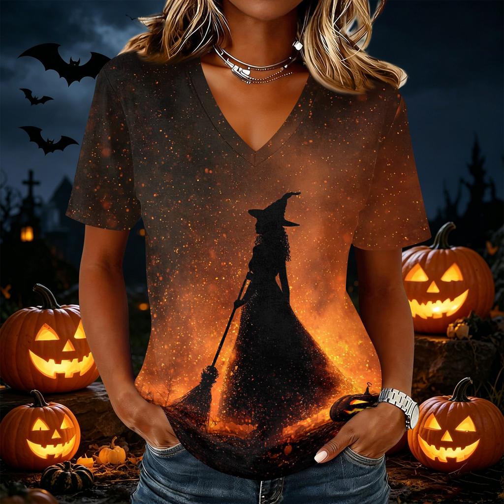 Women's Casual V Neck Pullover Top Halloween Themed Graphic Print Short Sleeve T Shirt Lightweight Comfortable Fit