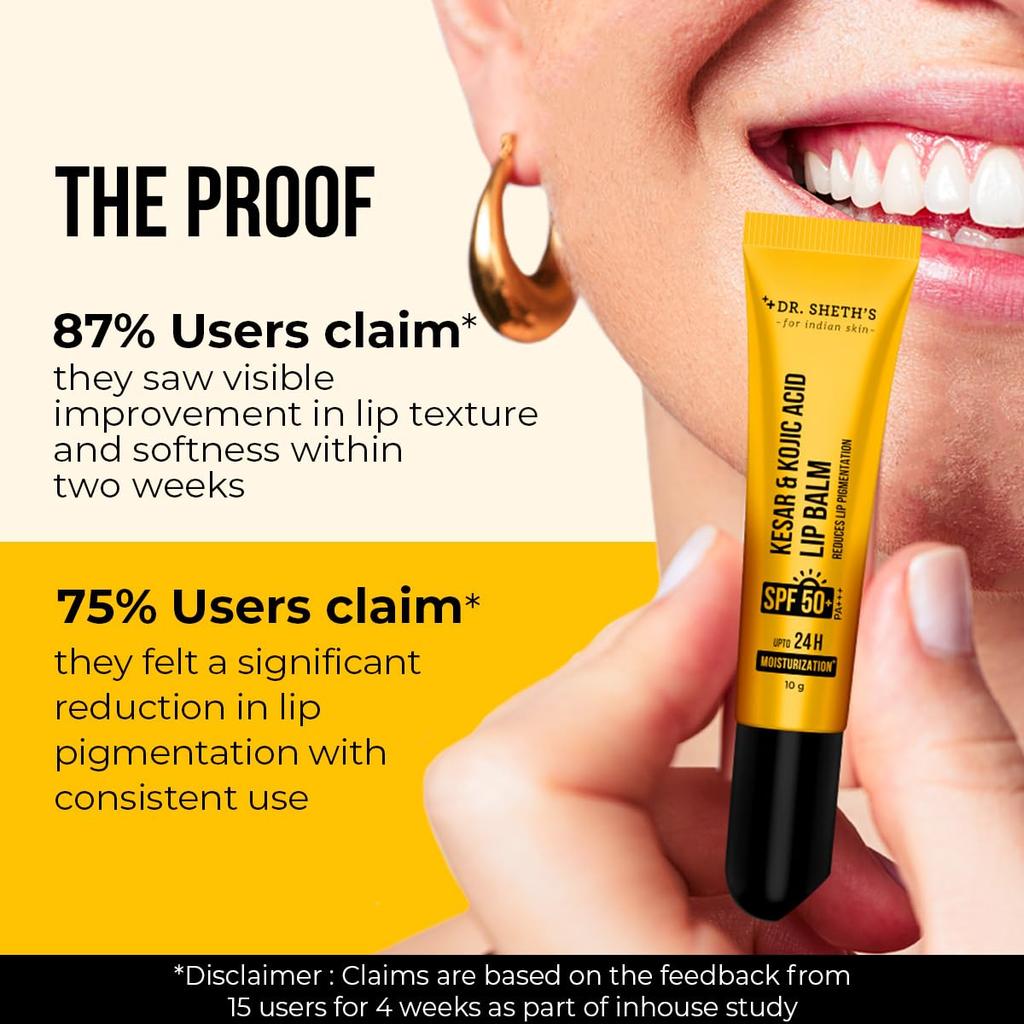 Dr. Sheth's Kesar & Kojic Acid Lip Balm 10g Pack of 1 with SPF 50+ for Hydrated, Smooth Lips