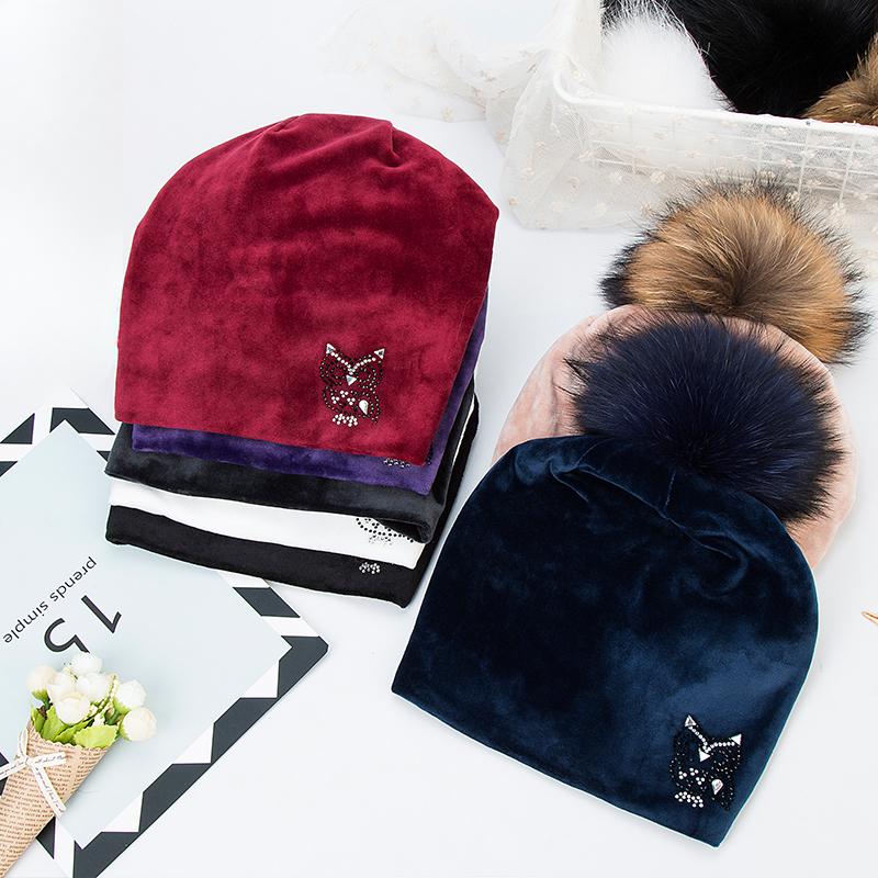 Owl Rhinestones Hats For Women Winter Warm Plus Velvet Fashion Caps With Natural Fur Pompoms Female Skullies Beanies