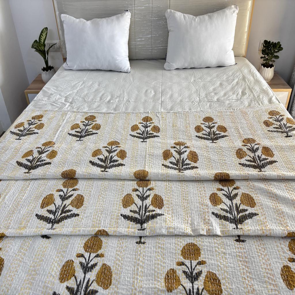 Hand Block Floral Printed Kantha Quilt, Cotton Kantha Bedspread, Vintage Bedding Bedsheets, Handmade kantha throw