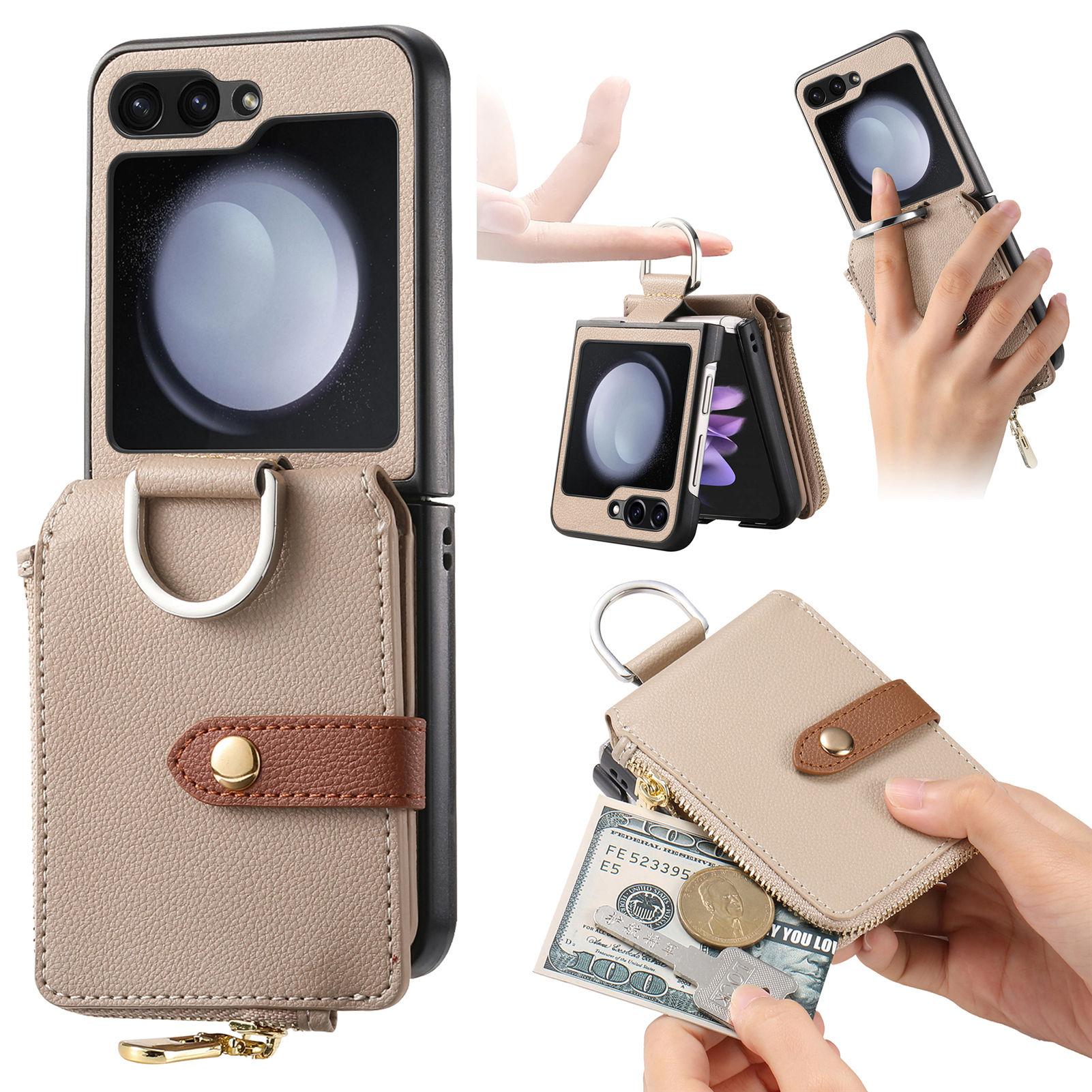 

For Samsung Galaxy Z Flip7 FE 5G/Z Flip6 5G Case Zipper Pocket Leather+PC Phone Cover with Ring Holder Khaki