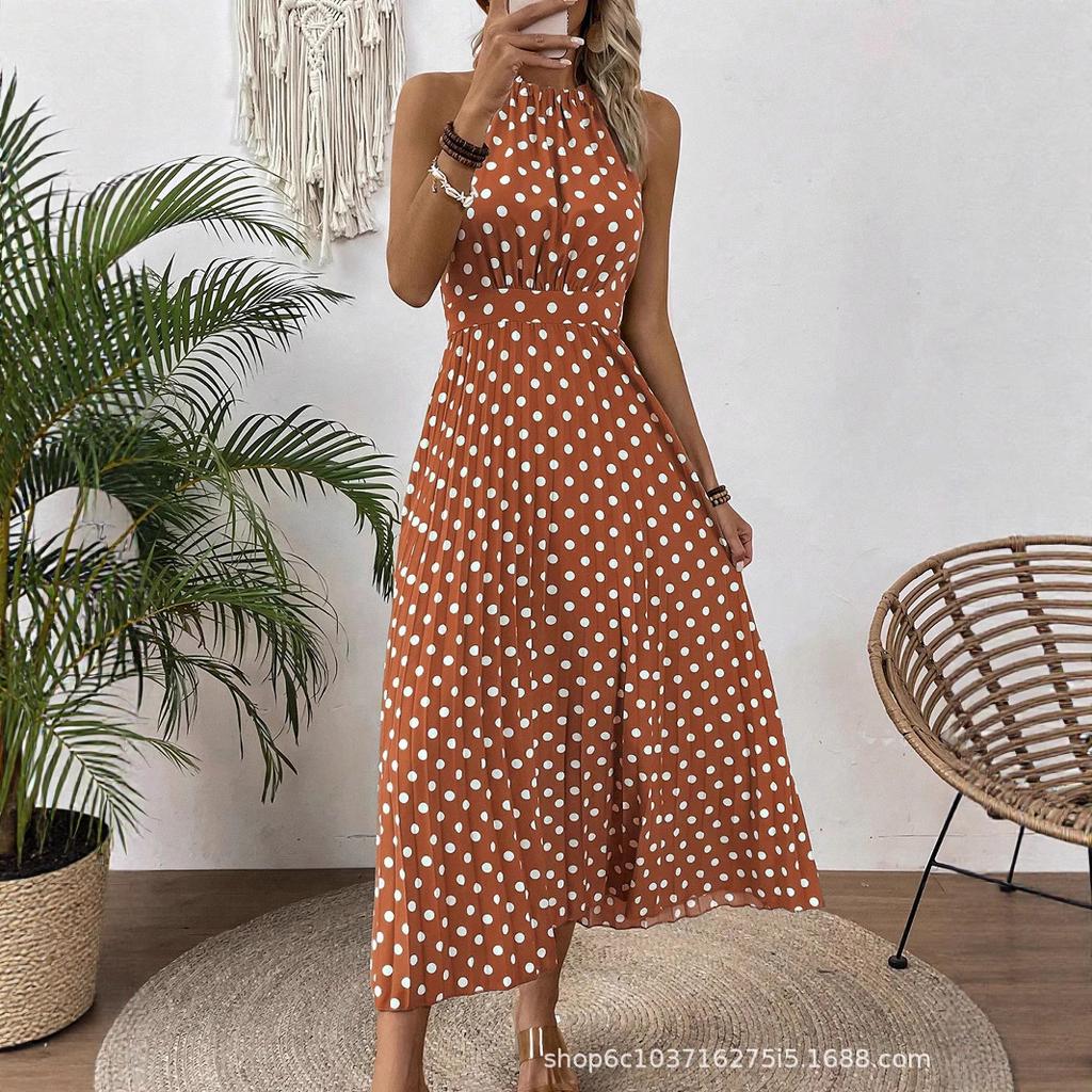 European and American Women's Clothing Spring and Summer Fashion Printing Polka Dot Round Neck Long Dress Women's Dress