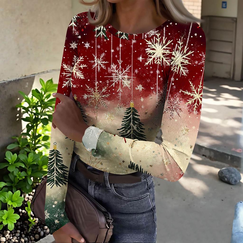 Women's  Slim Bottom T-shirt Fashion Casual Gradient Printing Round Neck Pullover Long Sleeve Top