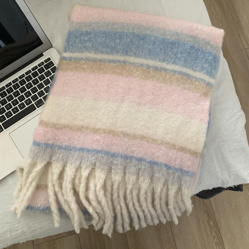 New Contrasting Color Striped Mohair Scarf Women's Autumn and Winter Thickened Warm Student Versatile Fringed Scarf