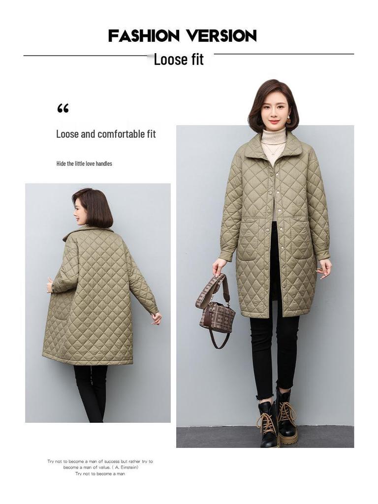 Women's Mid-Length Diamond Quilted Cotton Jacket for Early Autumn/Winter 2024 - Lightweight Outerwear for All Ages