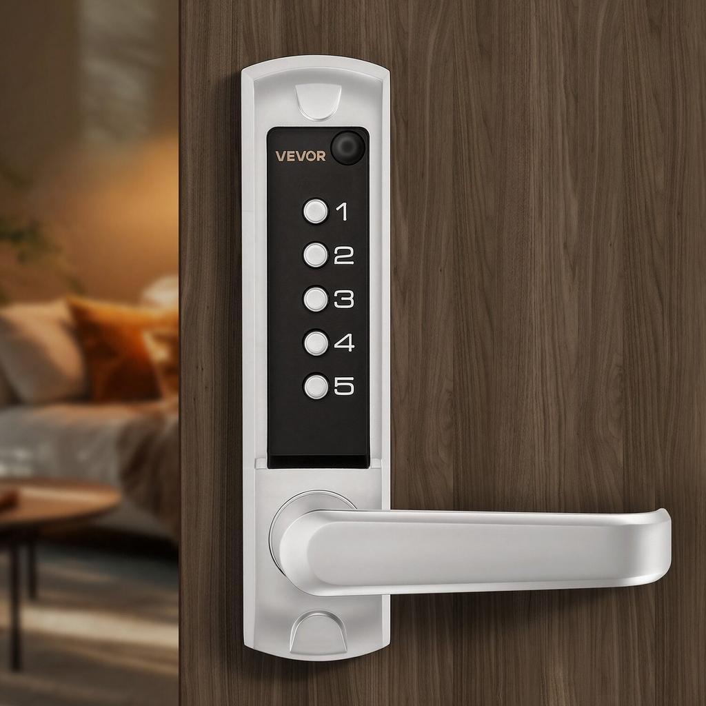 Mechanical Keyless Entry Door Lock, 2.0 Code Upgrade, 5 Digits Code, Single-Sided Push Button Combination Keypad Door Lock with Handle, Auto Locking,