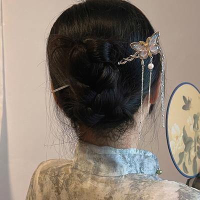 Colorful Butterfly Tassel Hair Sticks Retro Chinese Style Hair Forks Chain Tassel Hairpins Hair Bun Maker Jewelry for Women