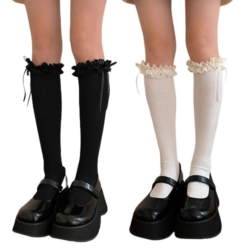 Ballet Style Bow Knee High Socks Lolitas Lace Ruffle Frilly Calf Socks JK Students Girls Stockings Sweet Knee Highs