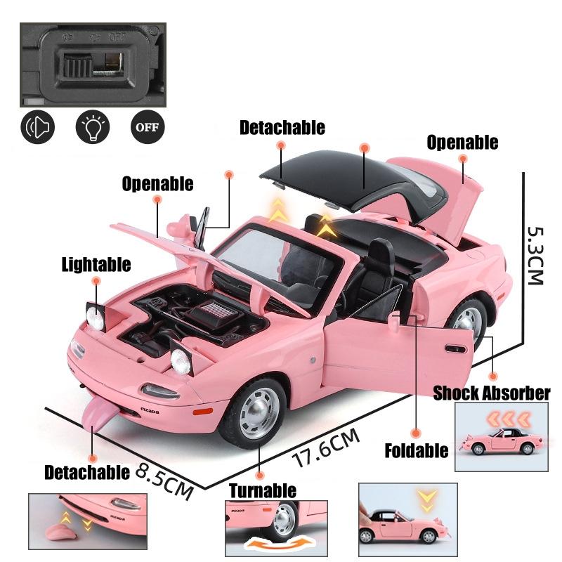 1/24 Mazda Miata MX5 Roadster Toy Car Model Diecast Alloy Metal Miniature Vehicle Model Sound & Light Collection Gift for Boy