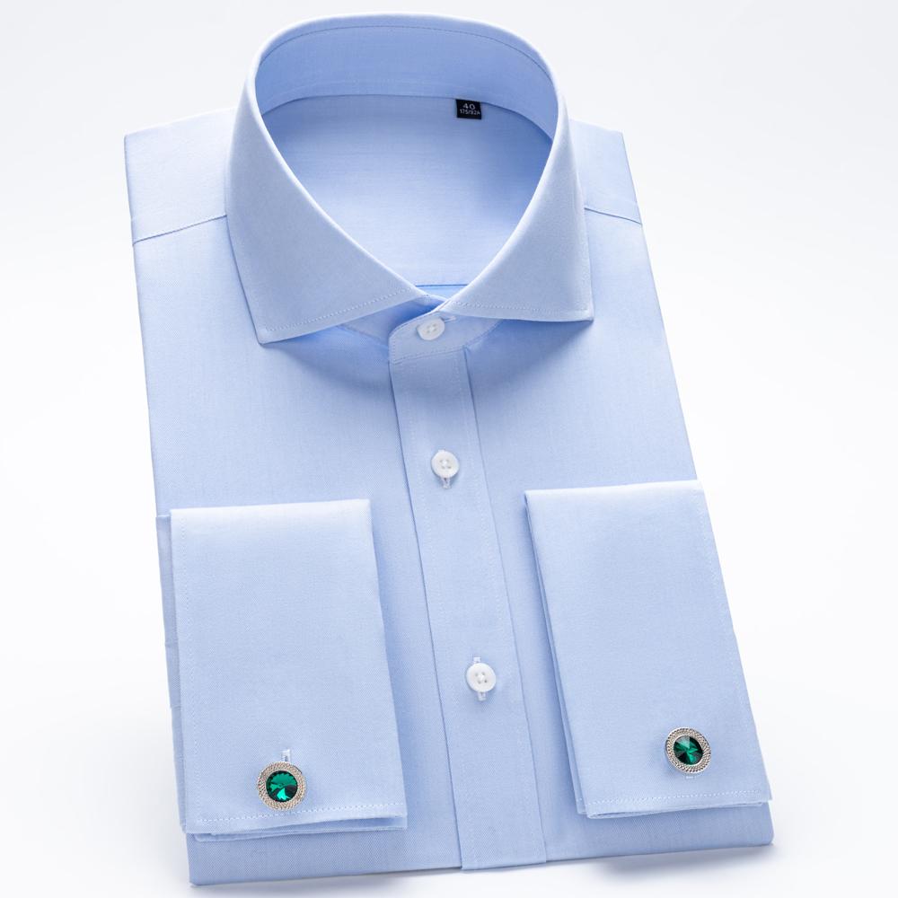 Men's Wedding French Cuff Dress Shirt Cotton 100% Long Sleeve Classic Fit Non Iron Windsor Collar Shirts with Free Cufflinks