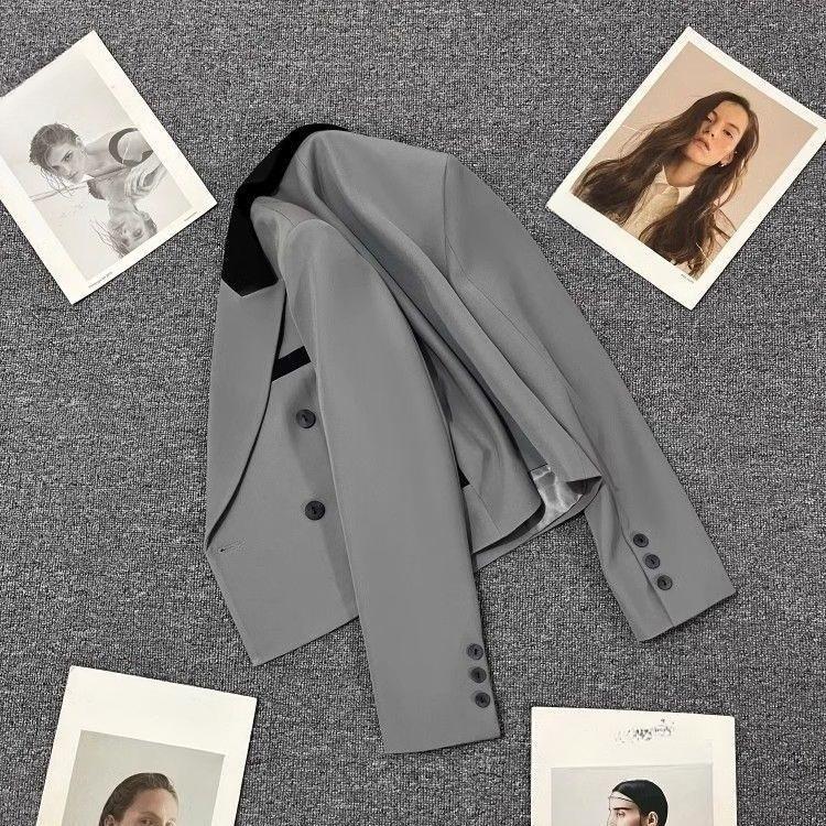 Spring Autumn Fashion Short Gray Blazer for Women Slim Fit Casual Trendy Office Wear