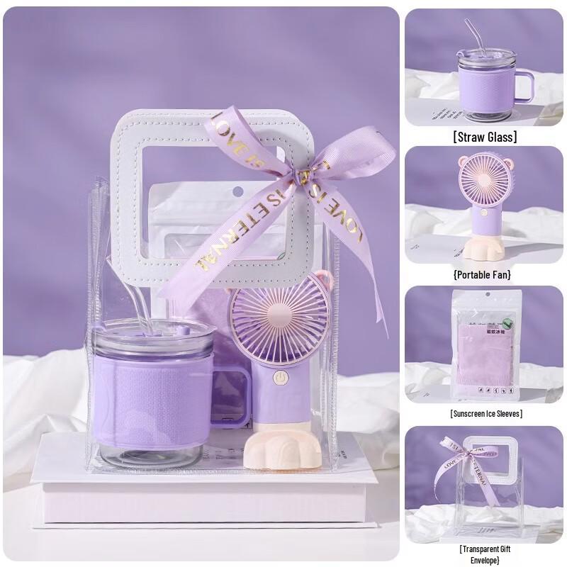Gift Set with Straw Glass Cup and Fan