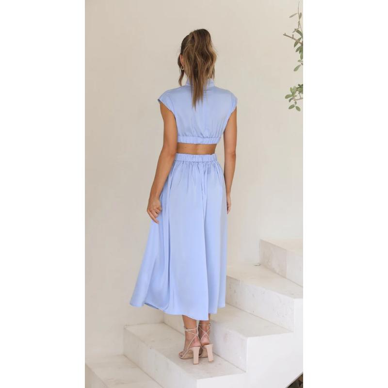 Vestido elegante para mujer, moda informal de verano, Color sólido, sin mangas, vestido sin espalda, vestido largo plisado calado Sexy para mujer