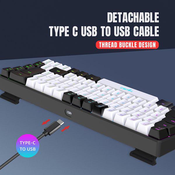 HXSJ Gaming Membrane Keyboard, 68 Keys, Detachable Cable, RGB Backlighting, White/Black, ABS Material.