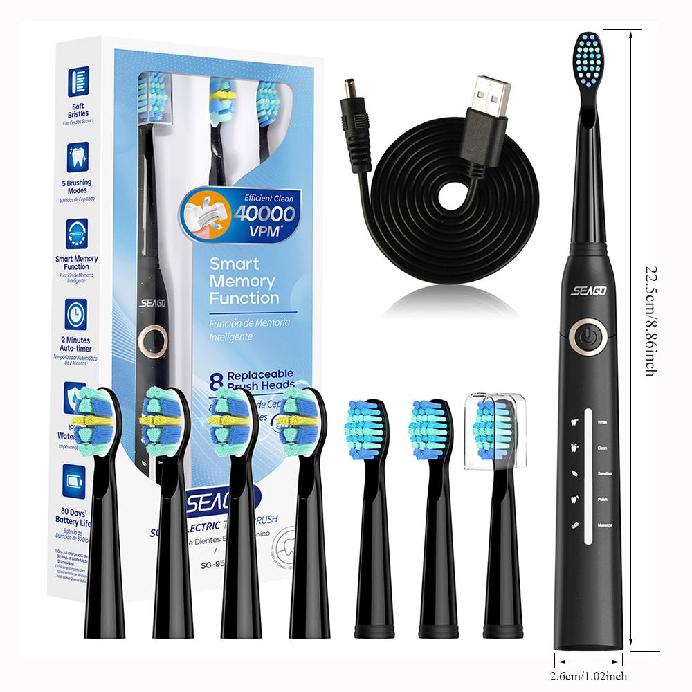 Seago Fast Rechargeable Electric Toothbrush Smart Automatic with 8 Replacement Brush Heads Adult Waterproof 5 Modes SG-958