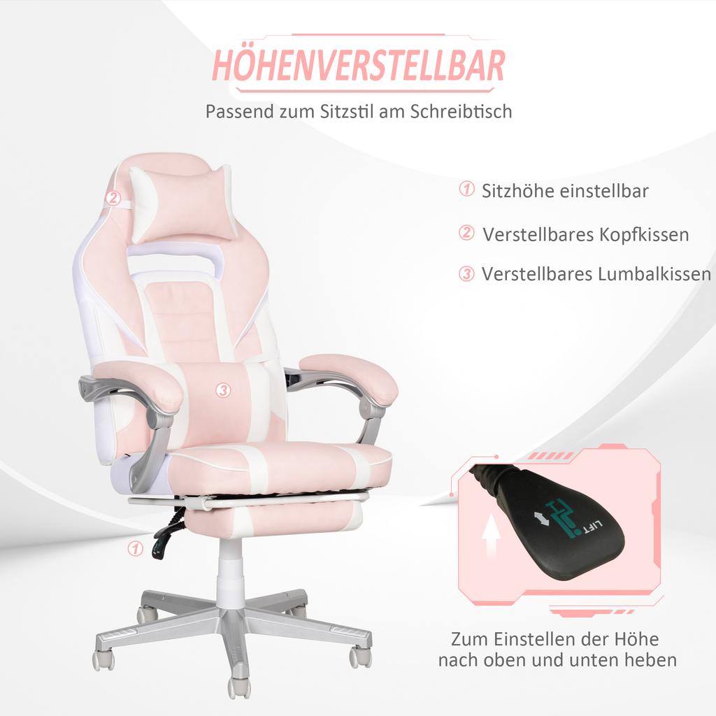 Gaming Chair with Footrest, Head & Lumbar Cushions, Swivel, Height-Adjustable, Pink