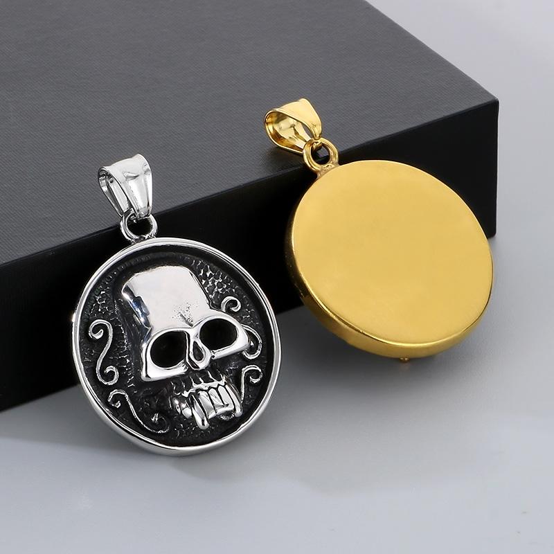 Vintage Skull Square Pendant Necklace for Men Stainless Steel Round Charm Pendant Domineering Trend Jewelry Gift