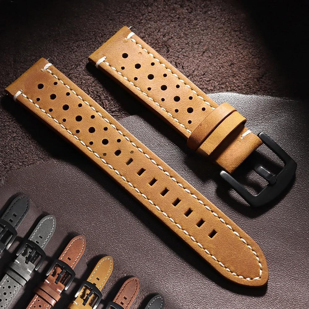 Vintage Handmade Watch Strap 18mm 19mm 20mm 21mm 22mm 24mm Racing Leather Strap Gray Black Brown Breathable Porous Watchbands