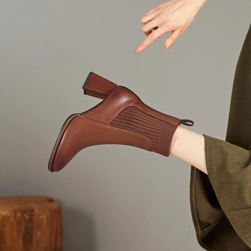 Fashion Fashiong French Retro Square Toe Women Shoes High Heeled Knitted Short Boots Temperament Thick Heeled Socks Boots 2025