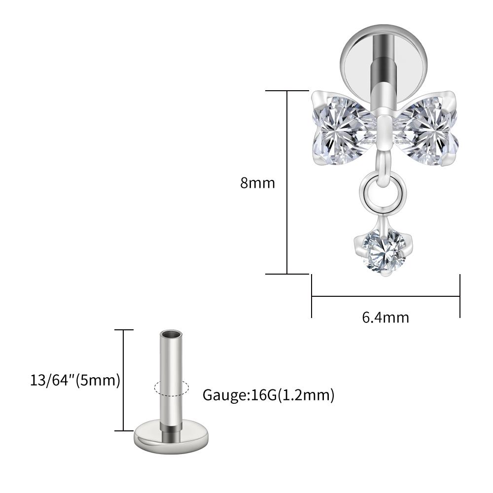 Right Grand ASTM F136 Titanium Bow Dangle CZ Piercing Labret Stud 16G Flat Back Helix Tragus Cartilage Earring Bridal Jewelry