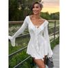 Casual Fashion Elegant V-neck Lace Up Bell Sleeve Dress High Waist Slim Fit Asymmetrical Hem Design Skirt