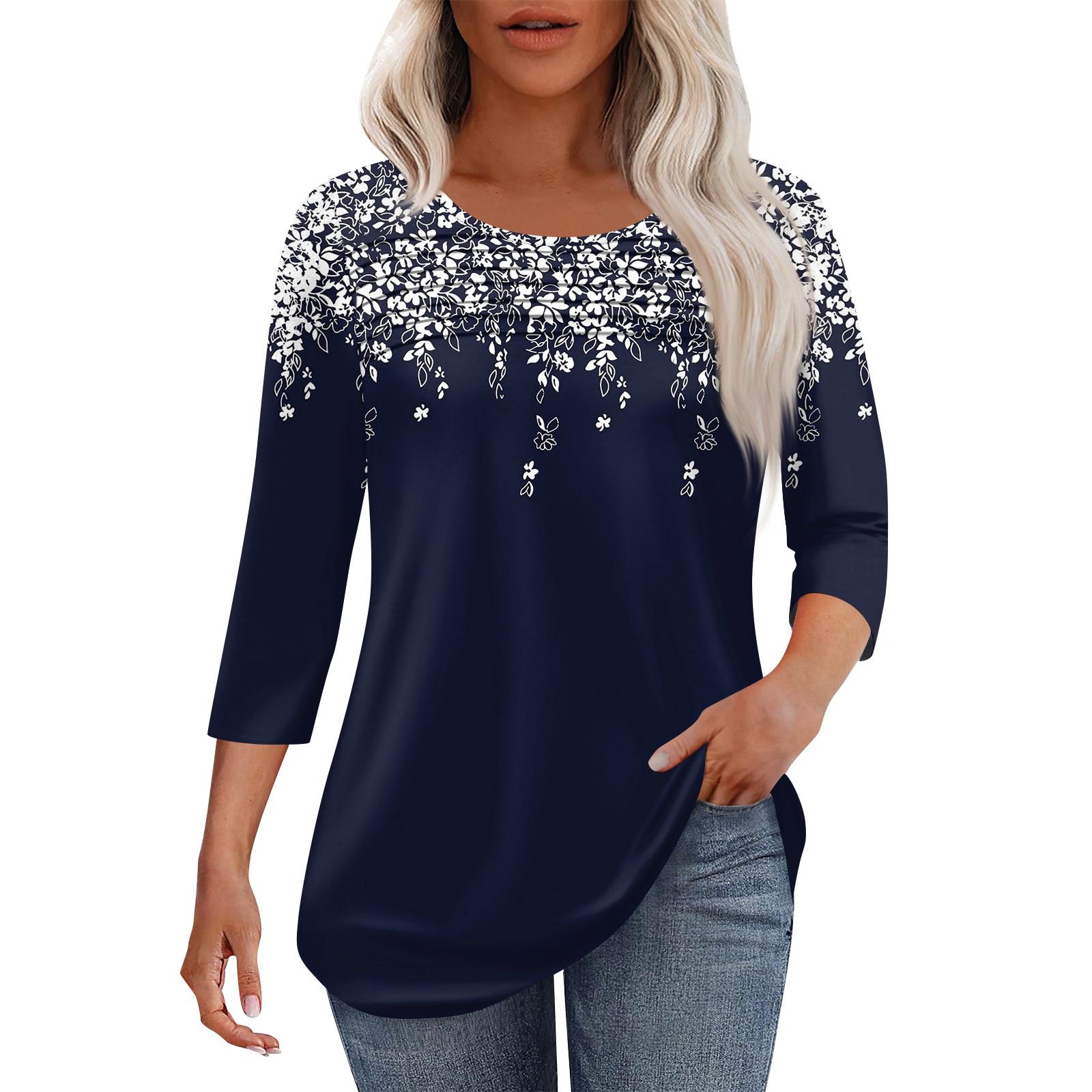 

Женская мода круглый вырез шея плиссированная передняя планка с принтом рукав 3/4 топ XL