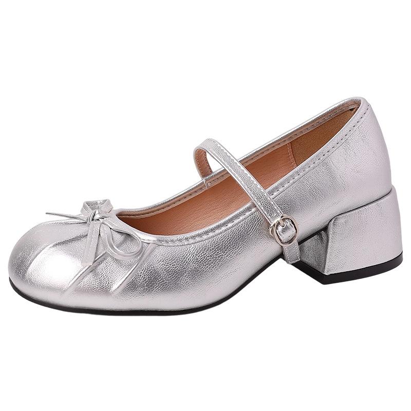 Coarse Heel High Heel Mary Jane Shoes French Pleated Round Head 2025 New Summer Bow Gentle Single Shoes Women's Skirt